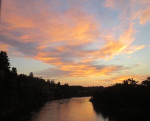 sunrise, morning, American River, Fair Oaks Bridge, ducks, fishermen, boats