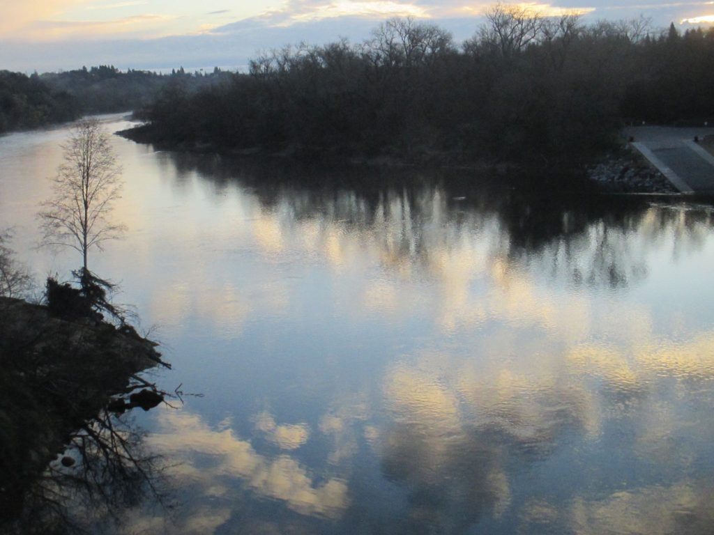 clouds, reflection. morning, Fair Oaks Bridge, American River, water, wildlife, writing, nature